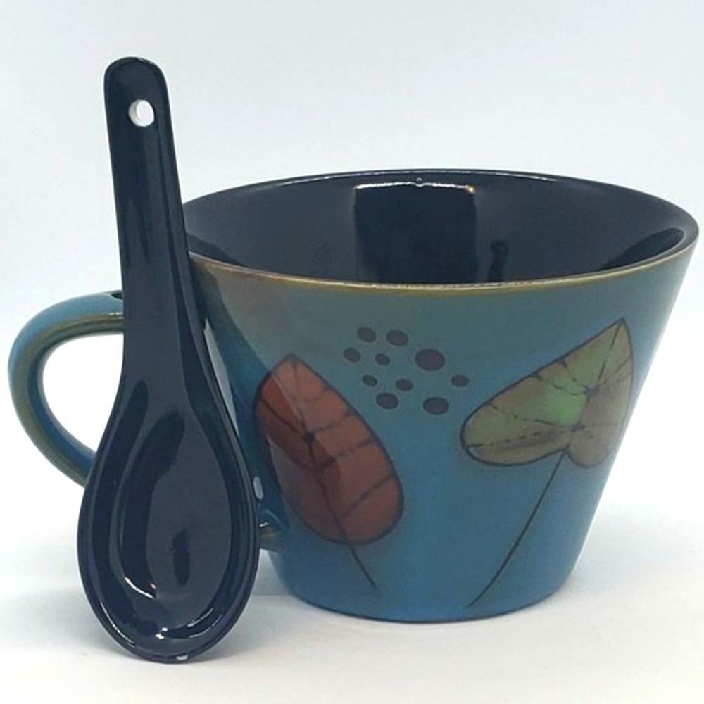 Blue Black Leaf Design Stoneware Soup Mug with Spoon